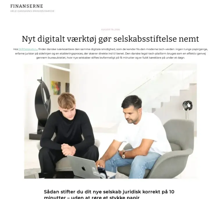 Artiklen Nyt digitalt værktøj gør selskabsstiftelse nemt på Finanserne.dk